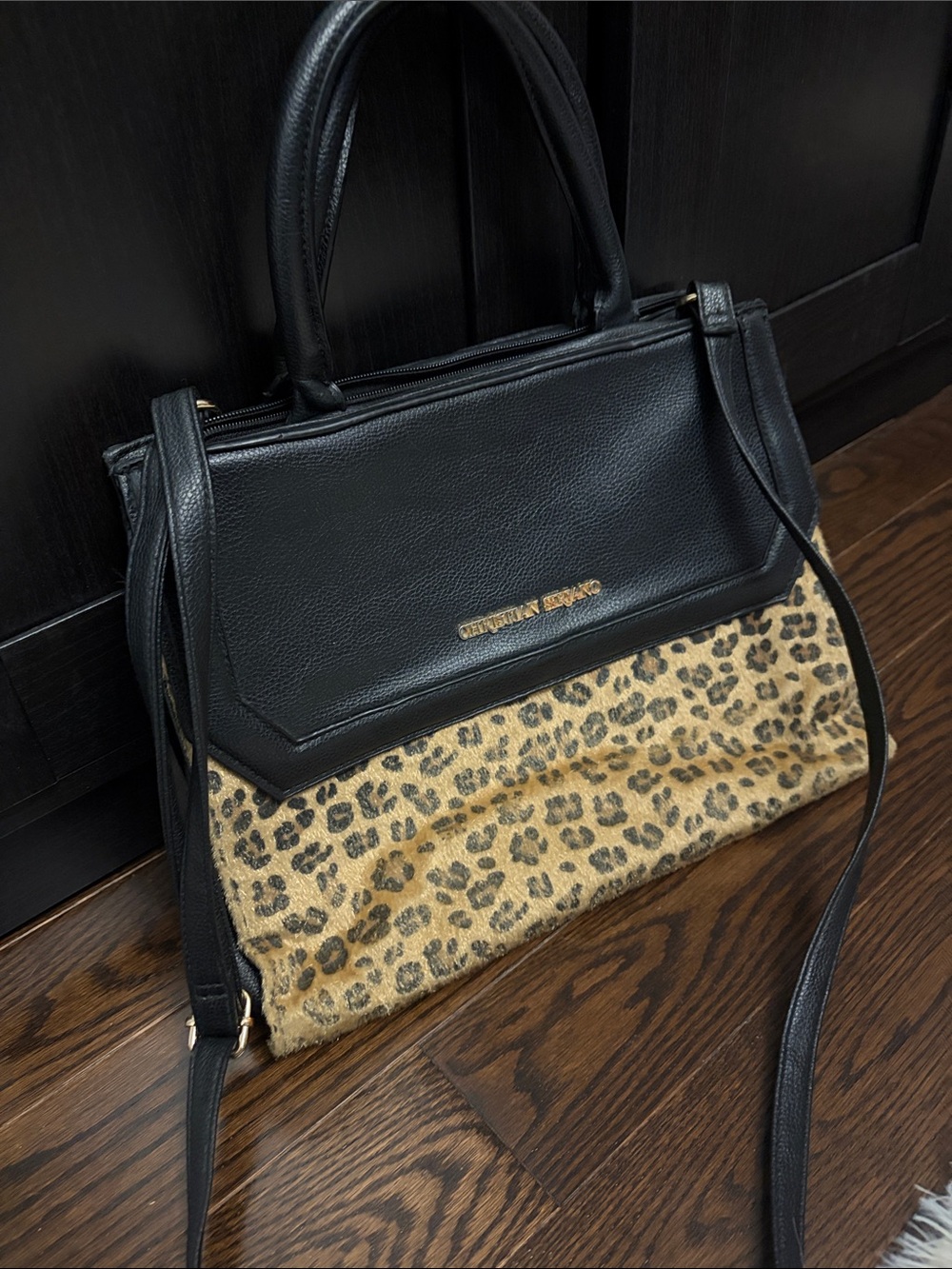 Christian Siriano Black Leather & Leopard Print Shoulder Bag